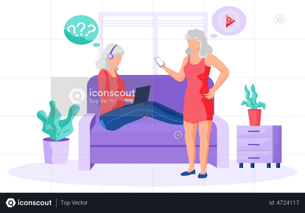 Elderly woman working with technology  Illustration