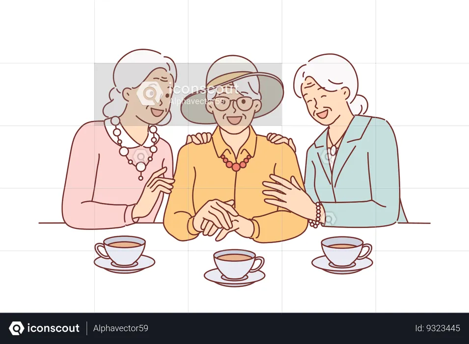 Elderly women drink tea and laugh rejoicing at long-awaited meeting  Illustration