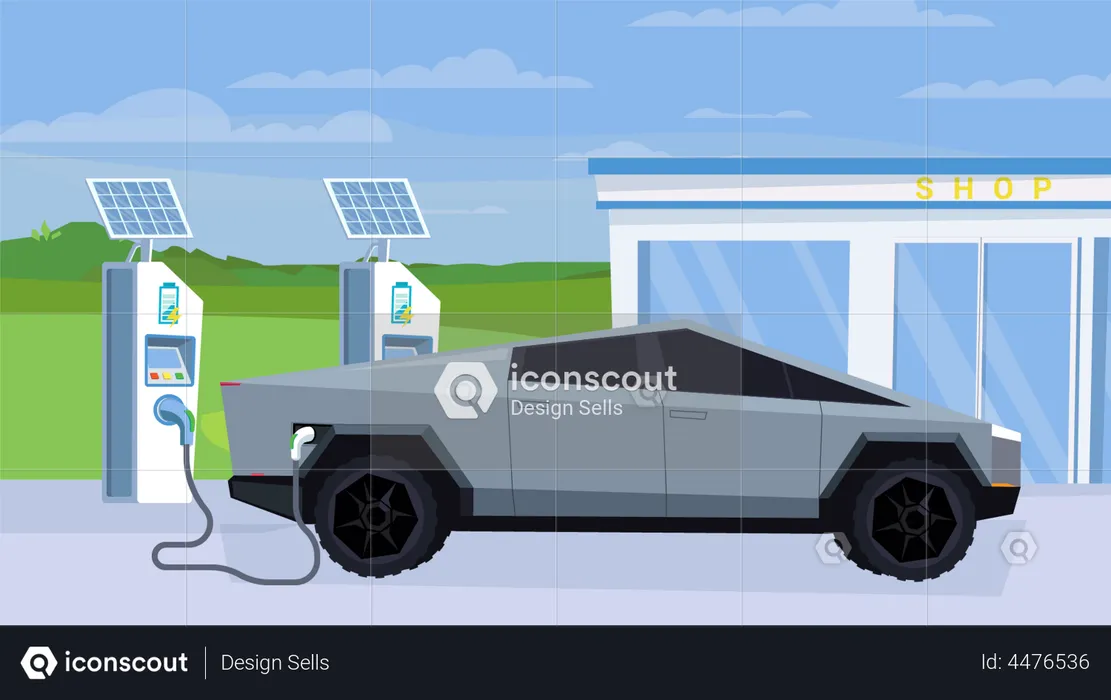 Electric car at charging station  Illustration