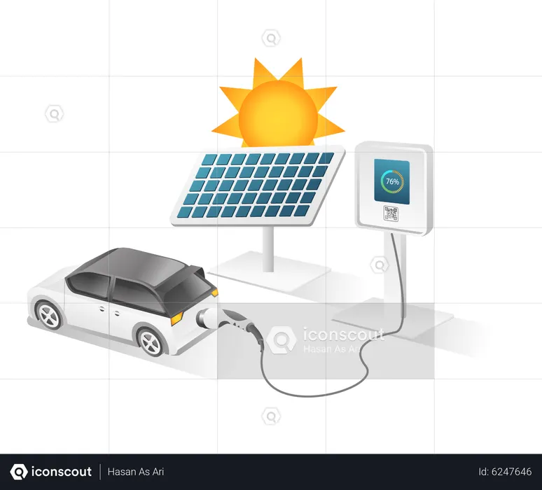 Electric car charge from solar panel energy  Illustration