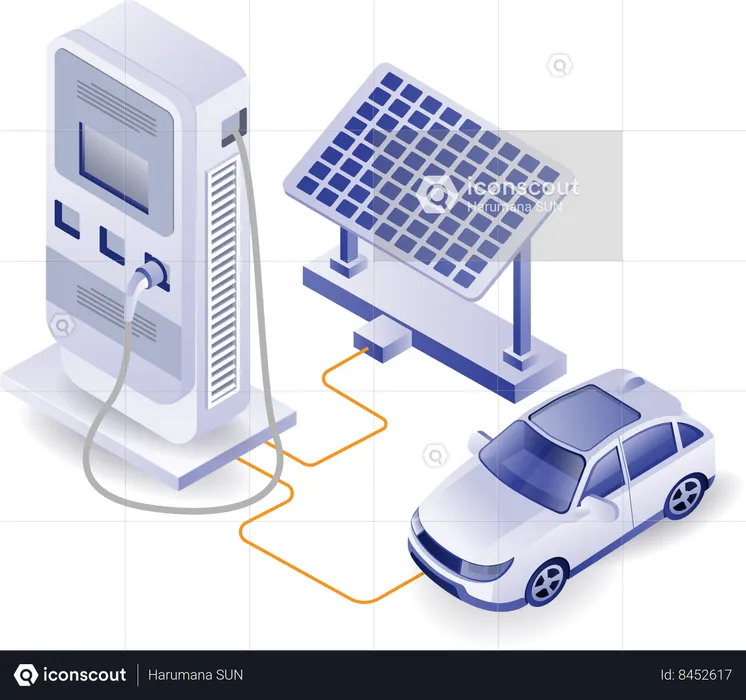 Electric car charger with solar panel energy  Illustration