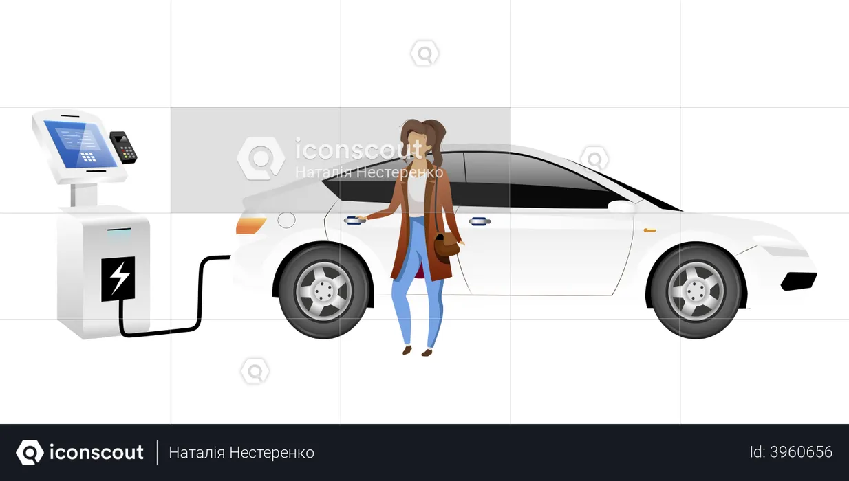 Electric car driver charging car  Illustration