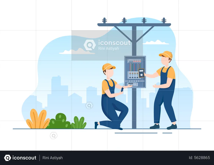 Electrical engineer repairing street pole  Illustration