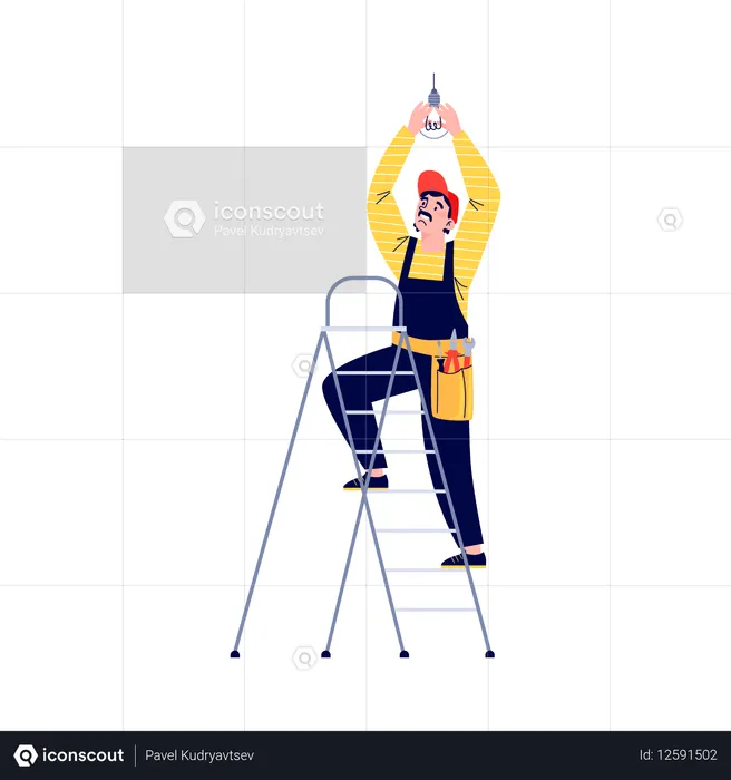 Electrician changing electric light bulb  Illustration