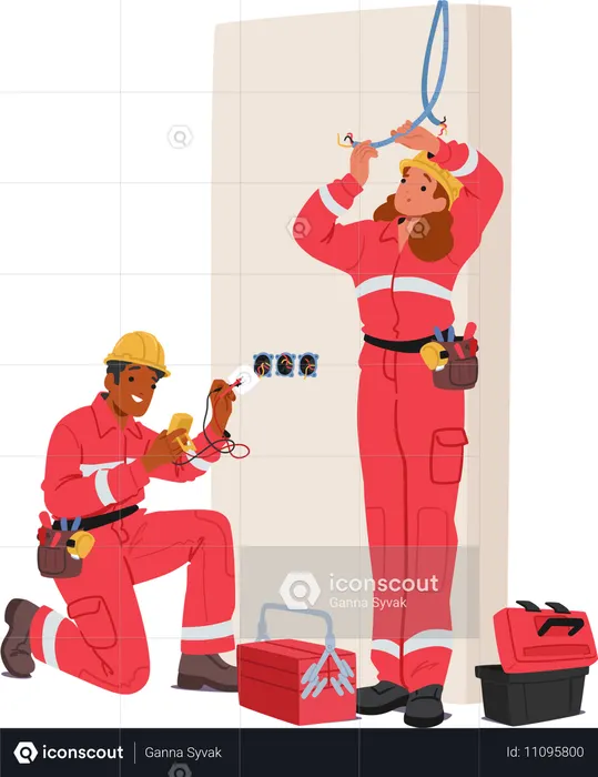 Electrician Characters Repairing And Installing Electrical Wiring System  Illustration