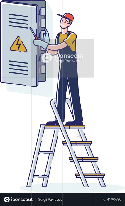 Electrician checking breaker switch box  Illustration