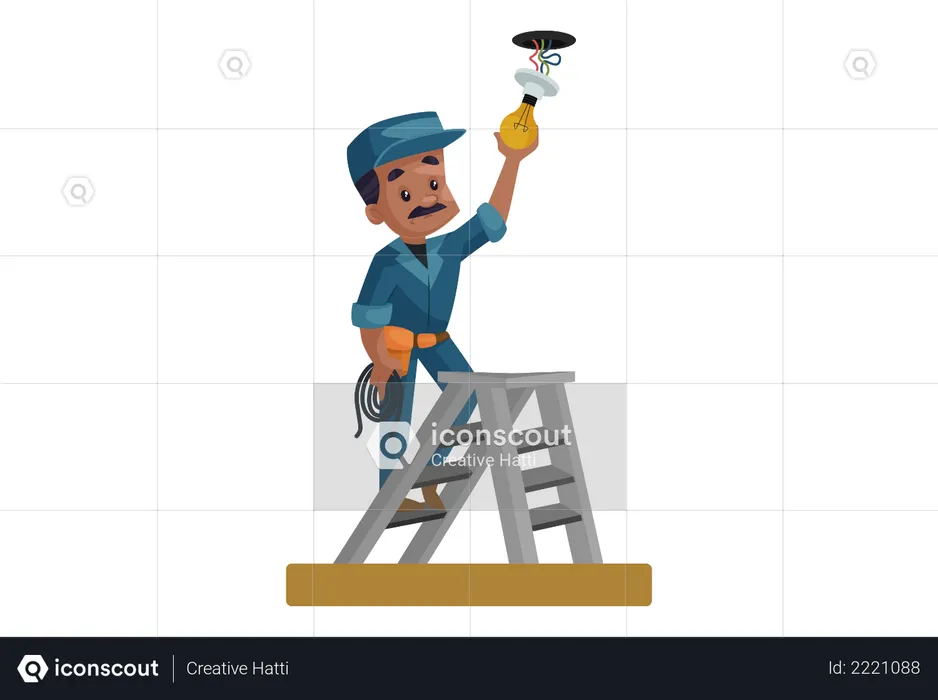 Electrician fitting bulb on the roof  Illustration