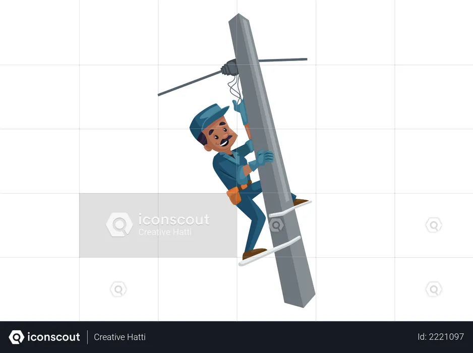 Electrician fixing wire of electric pole  Illustration