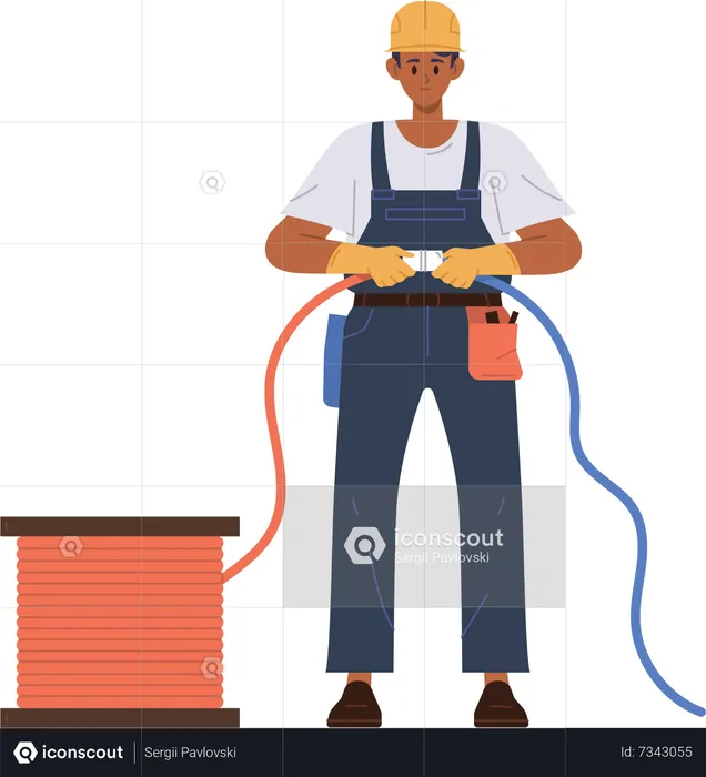Electrician holding two cords connecting cables to start electrical equipment  Illustration