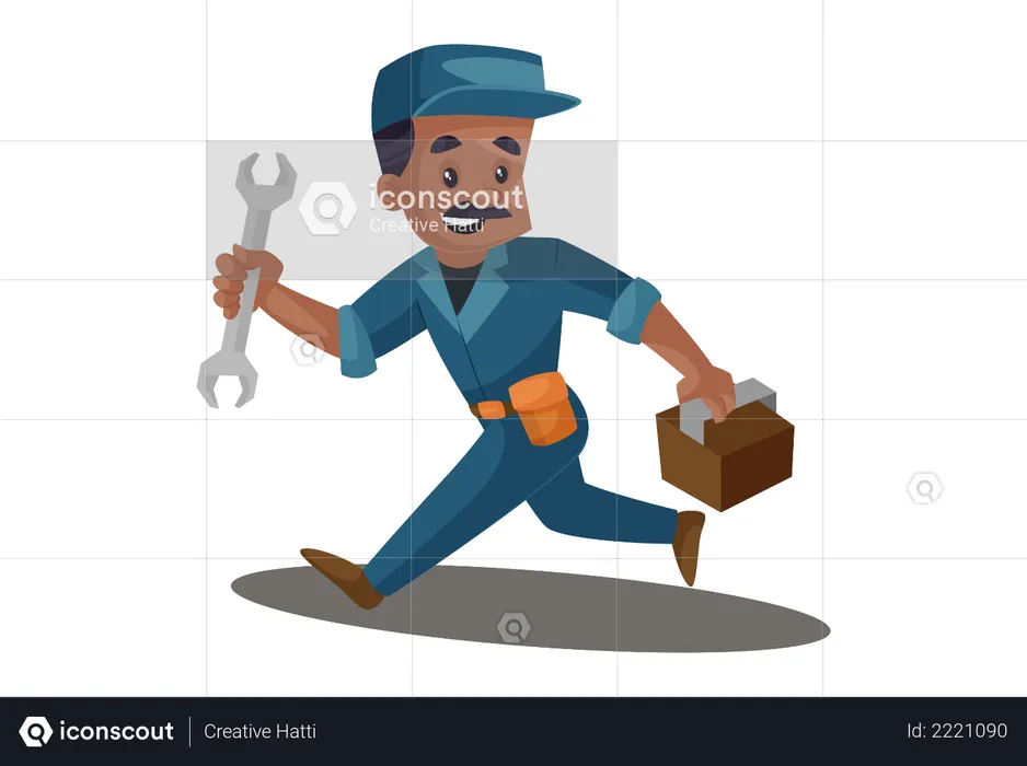 Electrician in hurry with tool box and wrench for repair service  Illustration