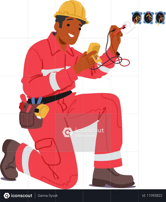 Electrician in Red Jumpsuit Hard Hat And Tool Belt Working With Electrical Components  Illustration