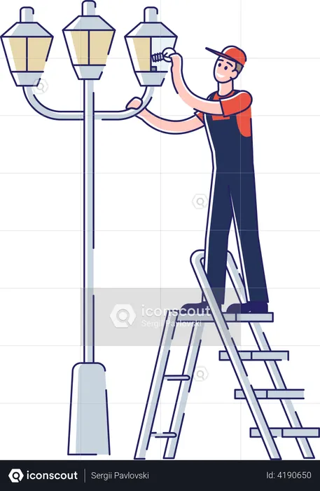 Electrician repair streetlight change lamp  Illustration