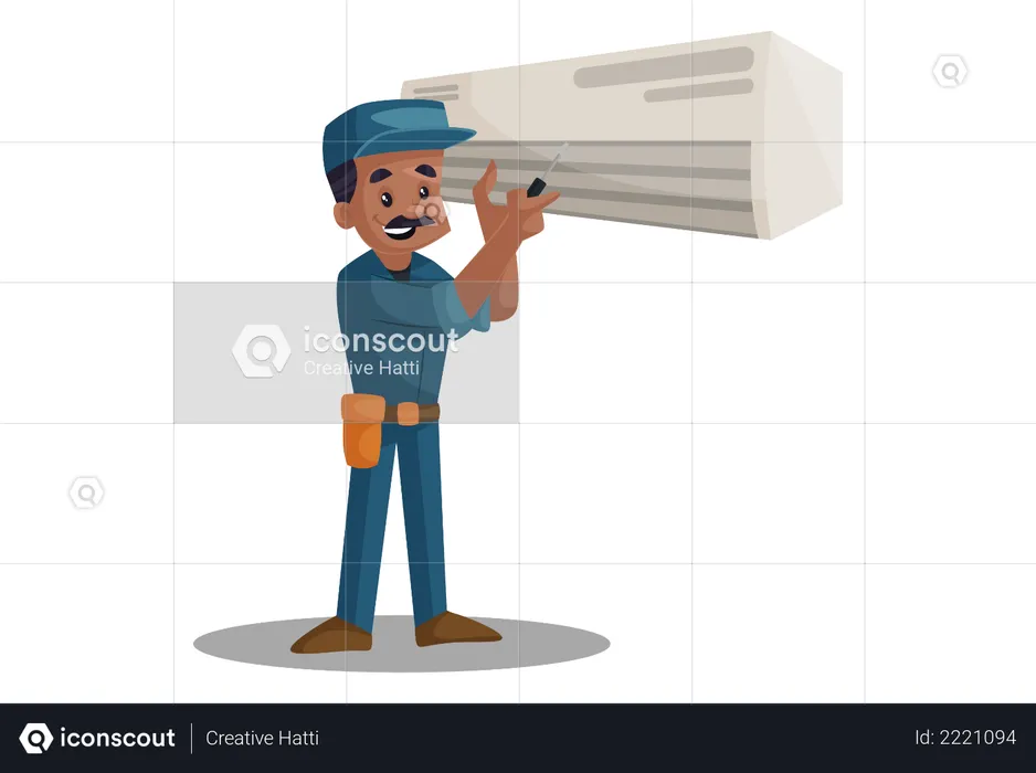 Electrician repairing ac with screwdriver  Illustration