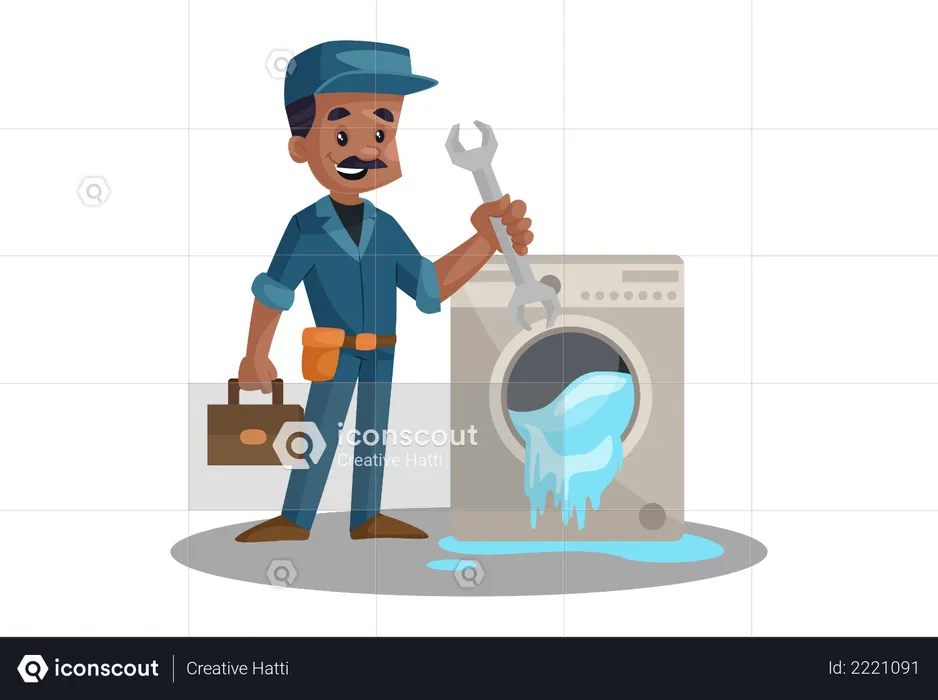 Electrician Repairing Washing Machine  Illustration