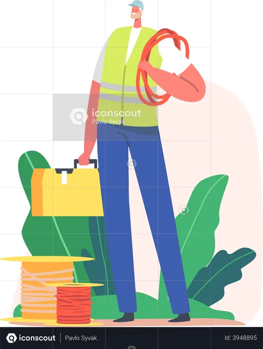 Electrician standing with wire roll and repair kit  Illustration