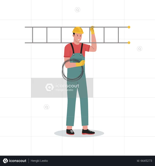 Electrician with ladder and wire  Illustration