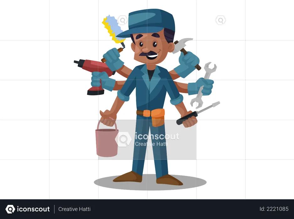 Electrician with multi hands holding tools  Illustration