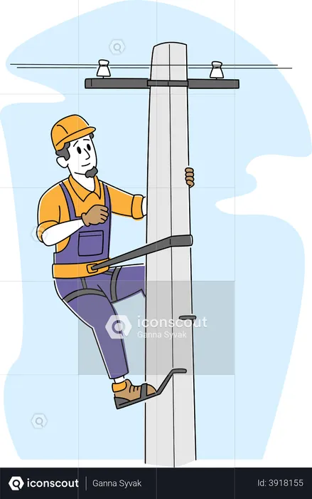 Electrician Worker with Tools and Equipment Climbing on Electric Transmission Tower for Maintenance  Illustration