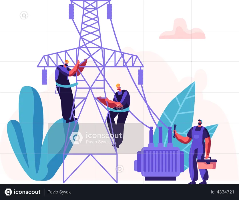 Electrician Workers Working on Transmission Tower  Illustration