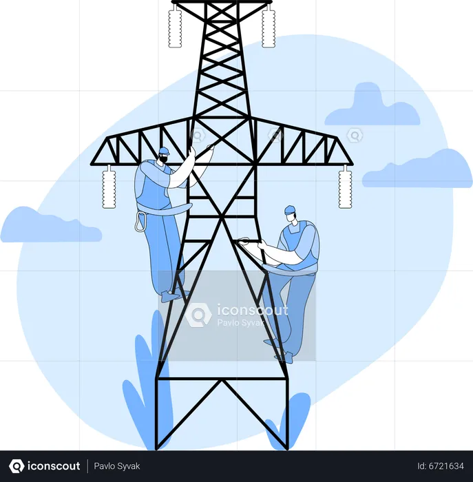 Electrician Working On Electric Transmission Tower  Illustration