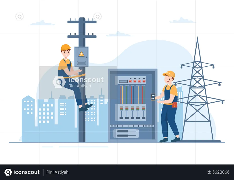 Electricians working together to repair electrical box  Illustration