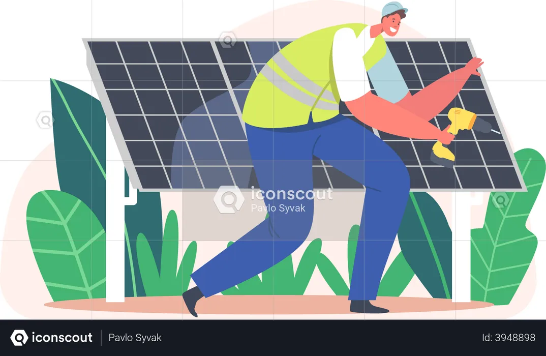 Électricien installant des panneaux solaires  Illustration