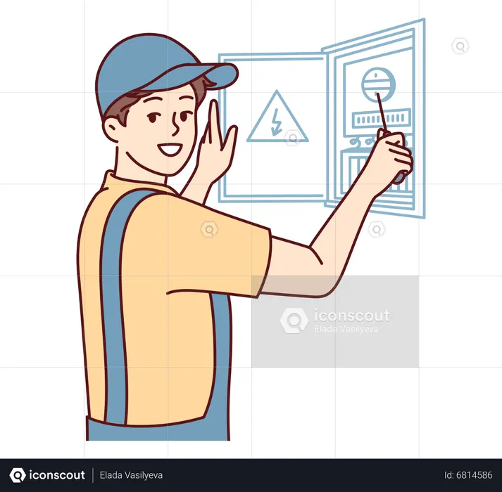 Electricista revisando caja de fusibles  Ilustración