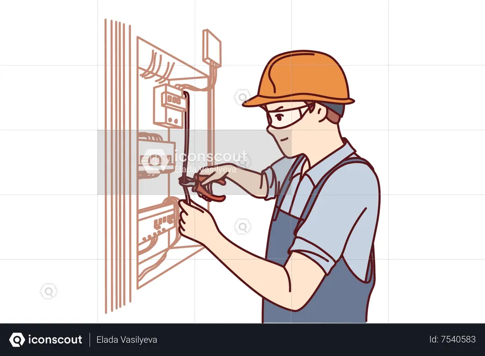 Electricista reparando caja de fusibles  Ilustración