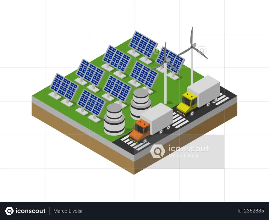Electricity production using solar panels and wind generator  Illustration