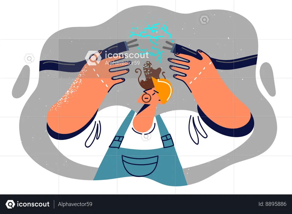 Electrite man holds broken wire restoring power supply interrupted due to accident  Illustration