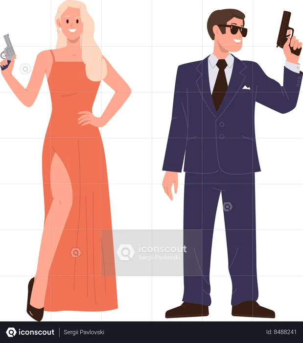 Elegant fashion couple of super agent undercover providing investigation  Illustration