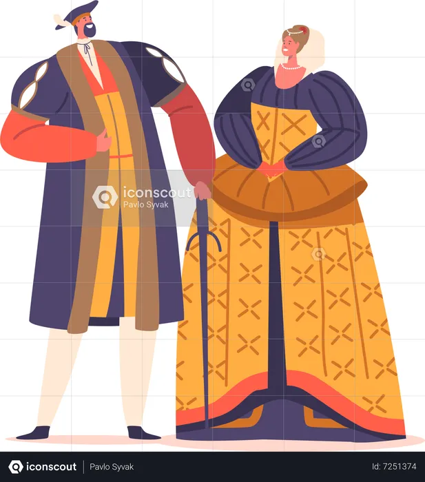 Elegantly Dressed Male and Female In Renaissance Era Costumes  Illustration