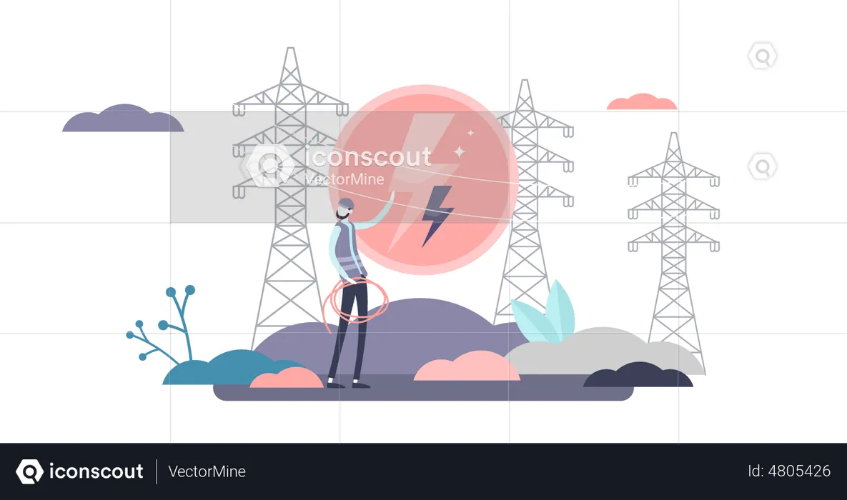 Elektriker Arbeiter mit Strommasten und Kabeln  Illustration