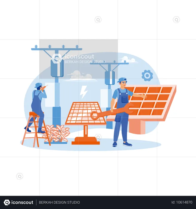 Elektriker führt Wartungsarbeiten an Solarmodulen durch  Illustration