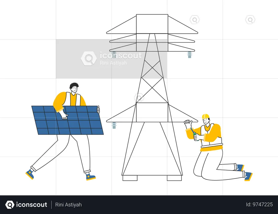 Elektriker hält Solarpanel und überprüft dabei die Stromversorgung  Illustration