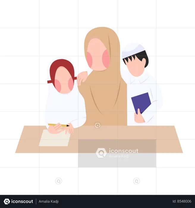 Elementary Hijab Teacher And Student  Illustration