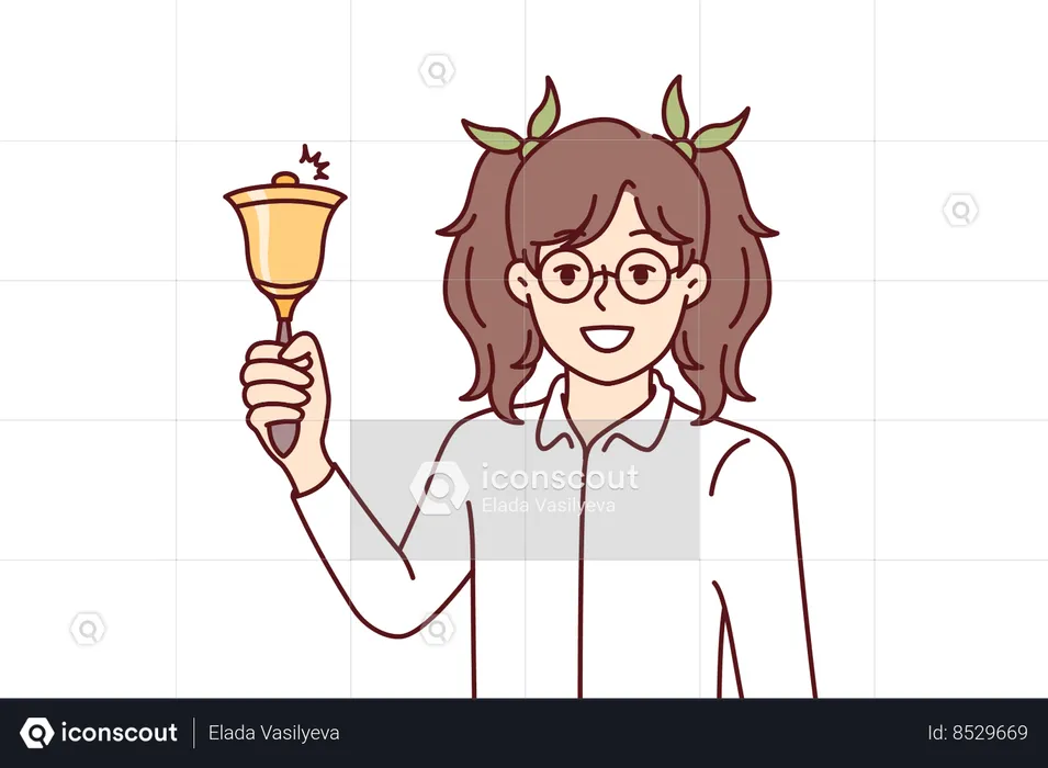 Elementary school girl holds bell for start of academic year and looks at screen smiling  Illustration