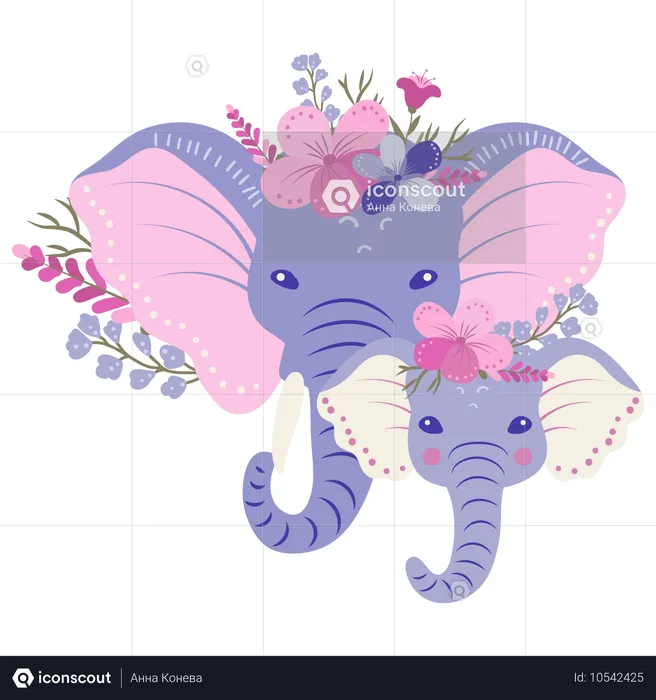 Elephant mother and baby elephant with flowers  Illustration