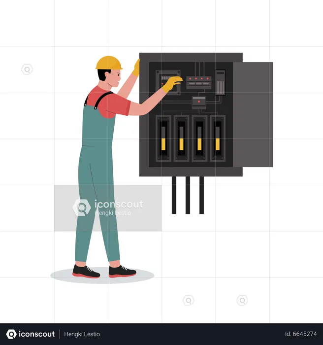 Eletricista resolvendo problemas de energia  Ilustração