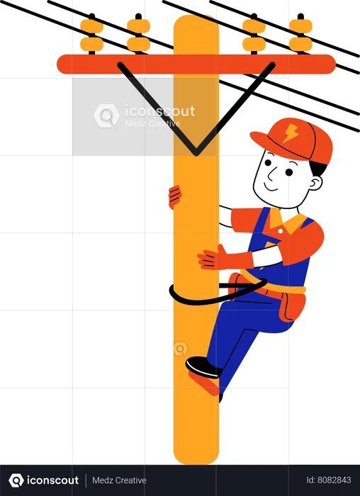 Eletricista masculino sobe em poste elétrico  Ilustração