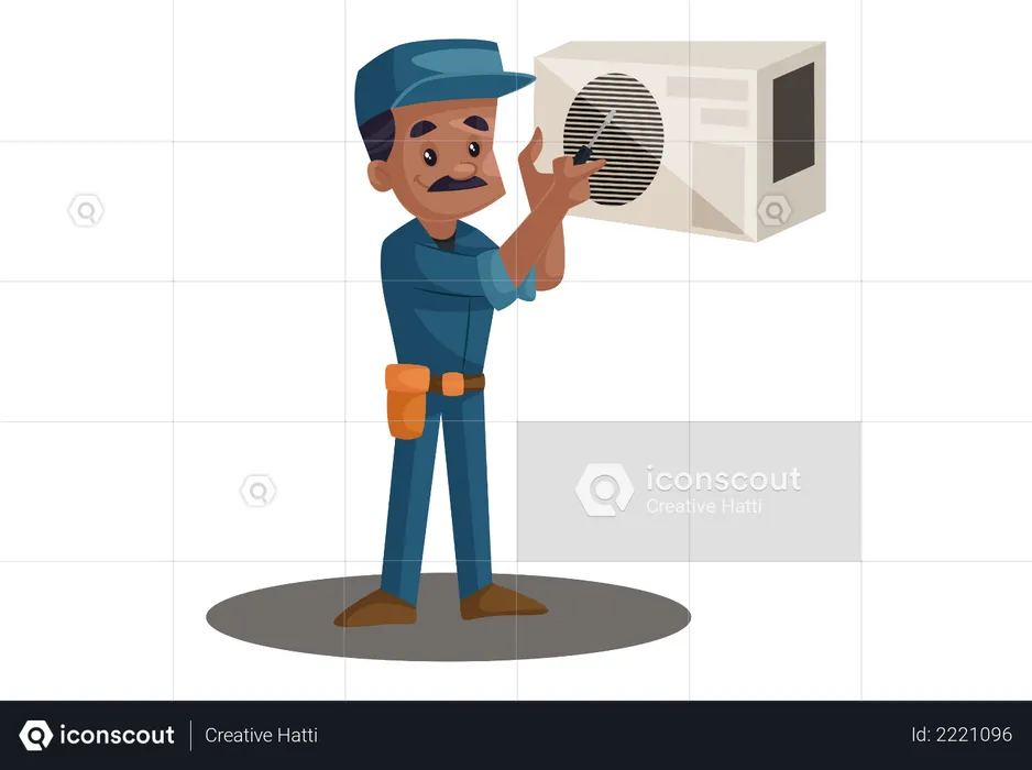 Eletricista consertando refrigerador com chave de fenda  Ilustração
