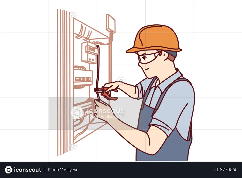 Eletricista repara fonte de alimentação  Ilustração