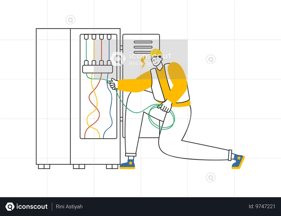 Eletricista verificando painel elétrico  Ilustração