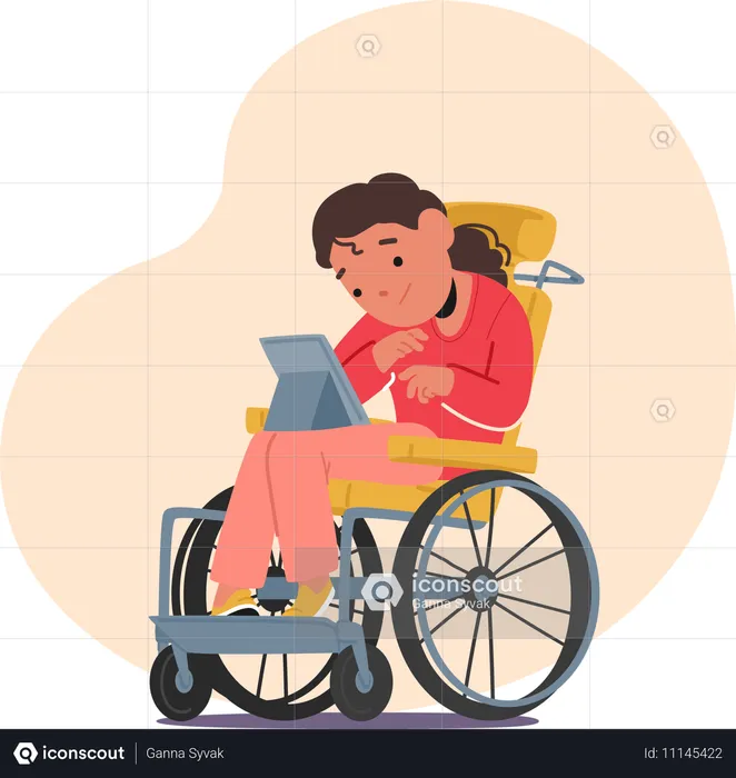 Une élève ayant des besoins spéciaux utilise une tablette alors qu'elle est assise dans un fauteuil roulant  Illustration