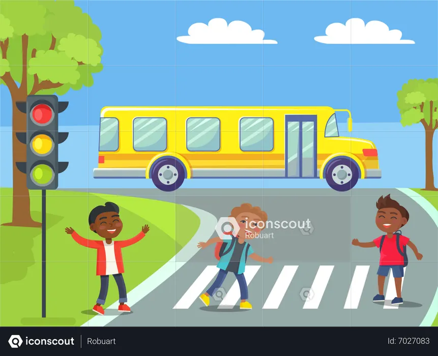 Les élèves de l'école traversent la route au passage piéton  Illustration