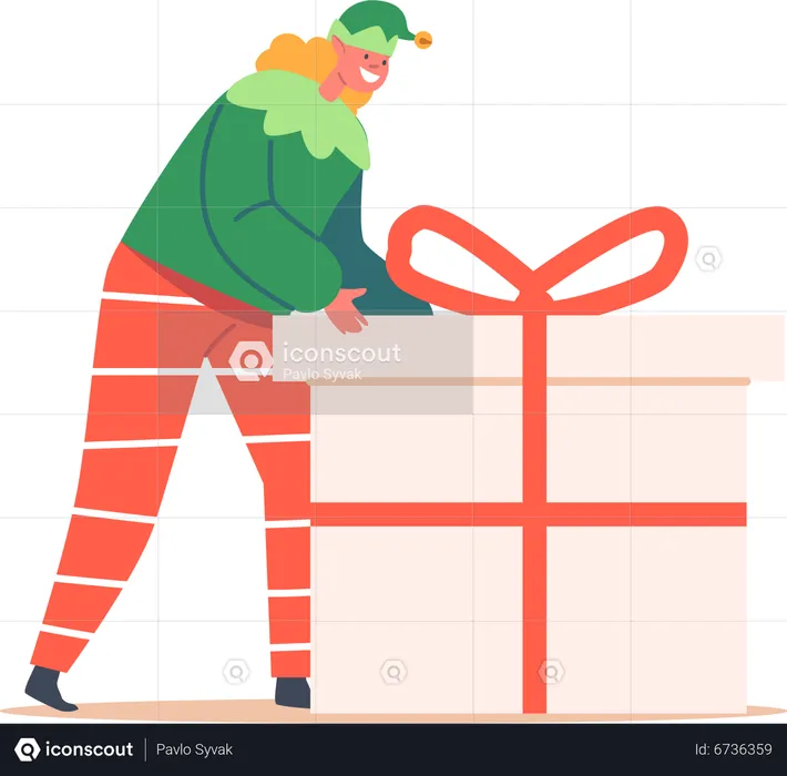 Elf Girl Push Huge Gift Box  Illustration