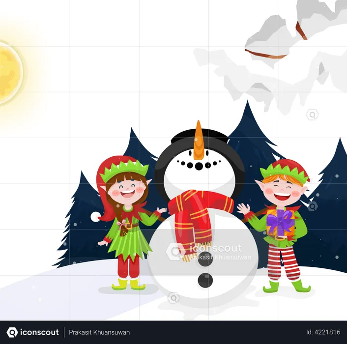 Elves and Snowmen in snow covered of Christmas  Illustration