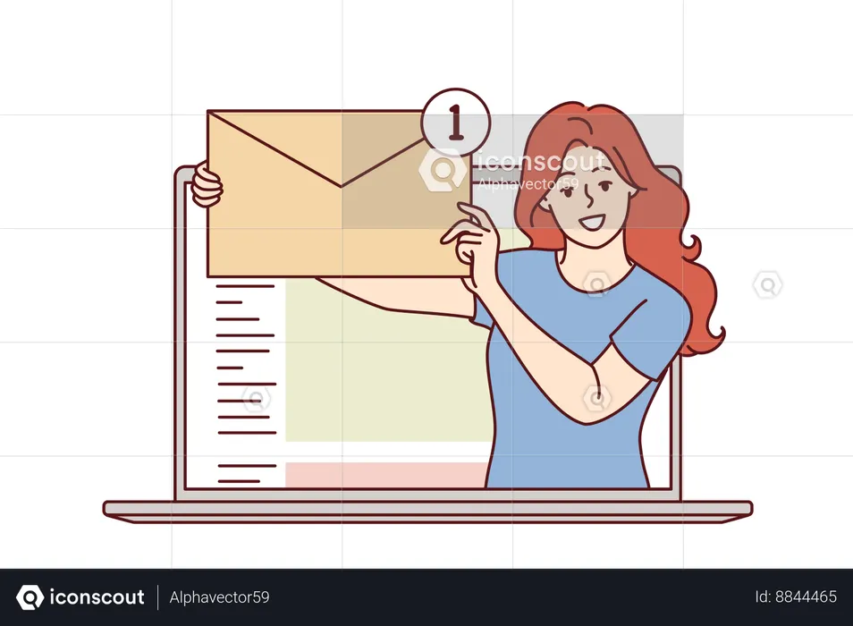 Email messages in hands of woman looking out of laptop and holding large envelope  Illustration