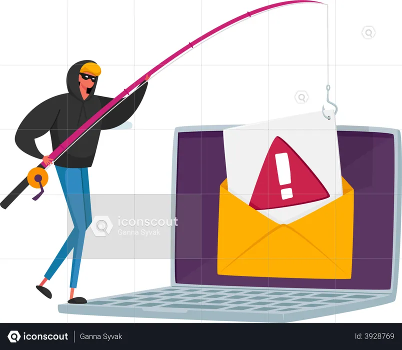 Premium Vector  Tiny hacker male character with rods phishing