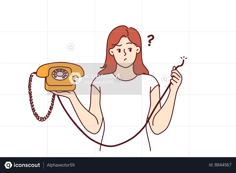 Embarrassed woman holding retro telephone with torn wire and is wondering how to restore telephony  Illustration